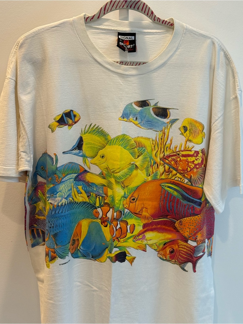 Vintage 90s Signal Sport White Short Sleeve Tee Multicolor Tropical Fish Print